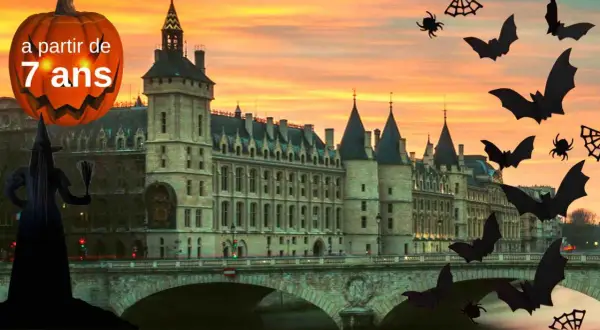 Citrouille géante et sorcière sur fond de château parisien. Idées pour savoir quoi faire pour Halloween, à partir de 7 ans. Chauves-souris et araignées volent.
