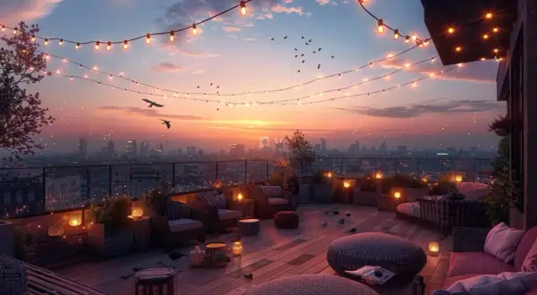 Ambiance féerique sur un toit-terrasse parisien, idéal pour profiter des meilleurs rooftop bars de Paris au coucher du soleil.