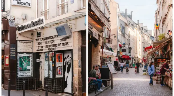 Théâtre de la Huchette et rue animée avec restaurants dans le quartier latin.