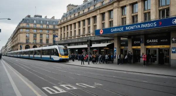 Un tramway blanc et bleu s'arrête devant la gare Montparnasse, une foule attend sur le quai.