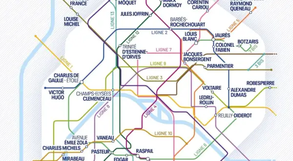 Plan du métro parisien avec les lignes 1, 3, 4, 5, 6, 7, 8, 9, 10, 12, 13, et 7 bis. Le Panthéon n'est pas directement indiqué, mais des stations comme Luxembourg ou Odéon (non visibles) sont proches.