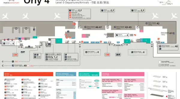 Plan du niveau 0 d'Orly 4, montrant les portes, les déposes bagages, les services et commerces pour faciliter votre transport à Orly Sud.