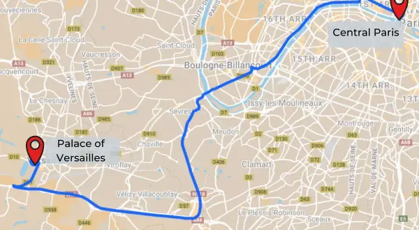 Carte montrant le trajet en RER de Paris à Versailles, avec le Palais de Versailles marqué.