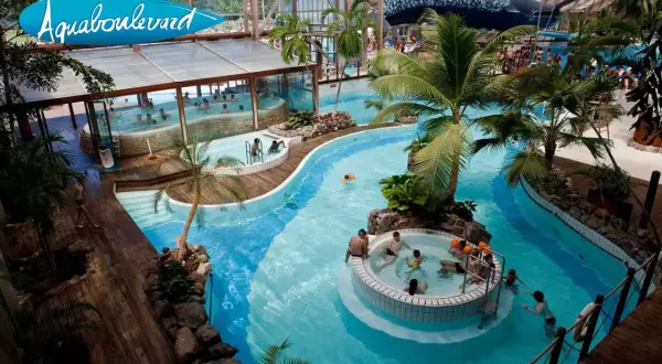 Ambiance tropicale à Aquaboulevard, avec ses piscines, jacuzzis et palmiers. Un lieu idéal pour profiter de l'eau, un vrai prix pour le plaisir.
