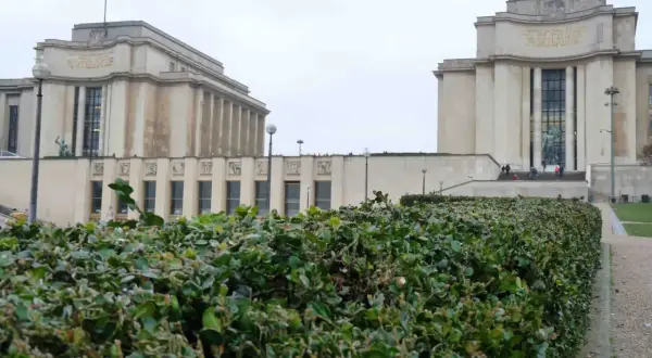 Le **Palais de Chaillot** à Paris, avec ses deux ailes symétriques et sa végétation luxuriante au premier plan.