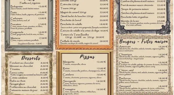 Le menu de chez ta mère propose des pâtes, viandes, poissons, burgers et desserts. Des plats savoureux pour tous les goûts.