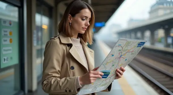 Femme cherchant son chemin sur une carte à la gare, planifiant son exploration de la zone 1 Paris.