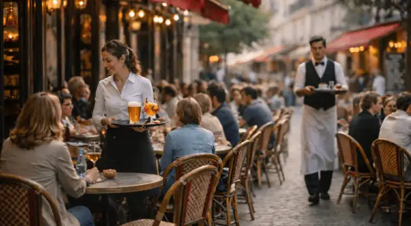 Une serveuse apporte des boissons à une terrasse animée, un serveur passe en arrière-plan. L'ambiance suggère le meilleur bistrot parisien.