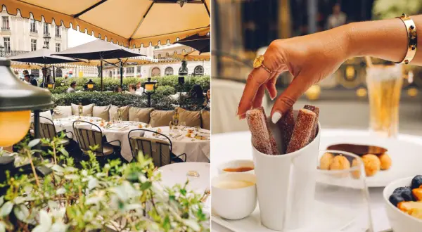 Terrasse chic à Paris, ambiance "coco paris". Des churros gourmands à déguster avec une boisson fraîche.