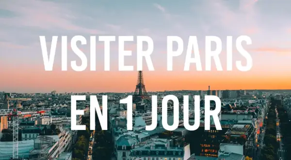 Vue panoramique de Paris au coucher du soleil, avec la Tour Eiffel et le texte "Visiter Paris en 1 jour". Idéal pour un jour de l'an à Paris.