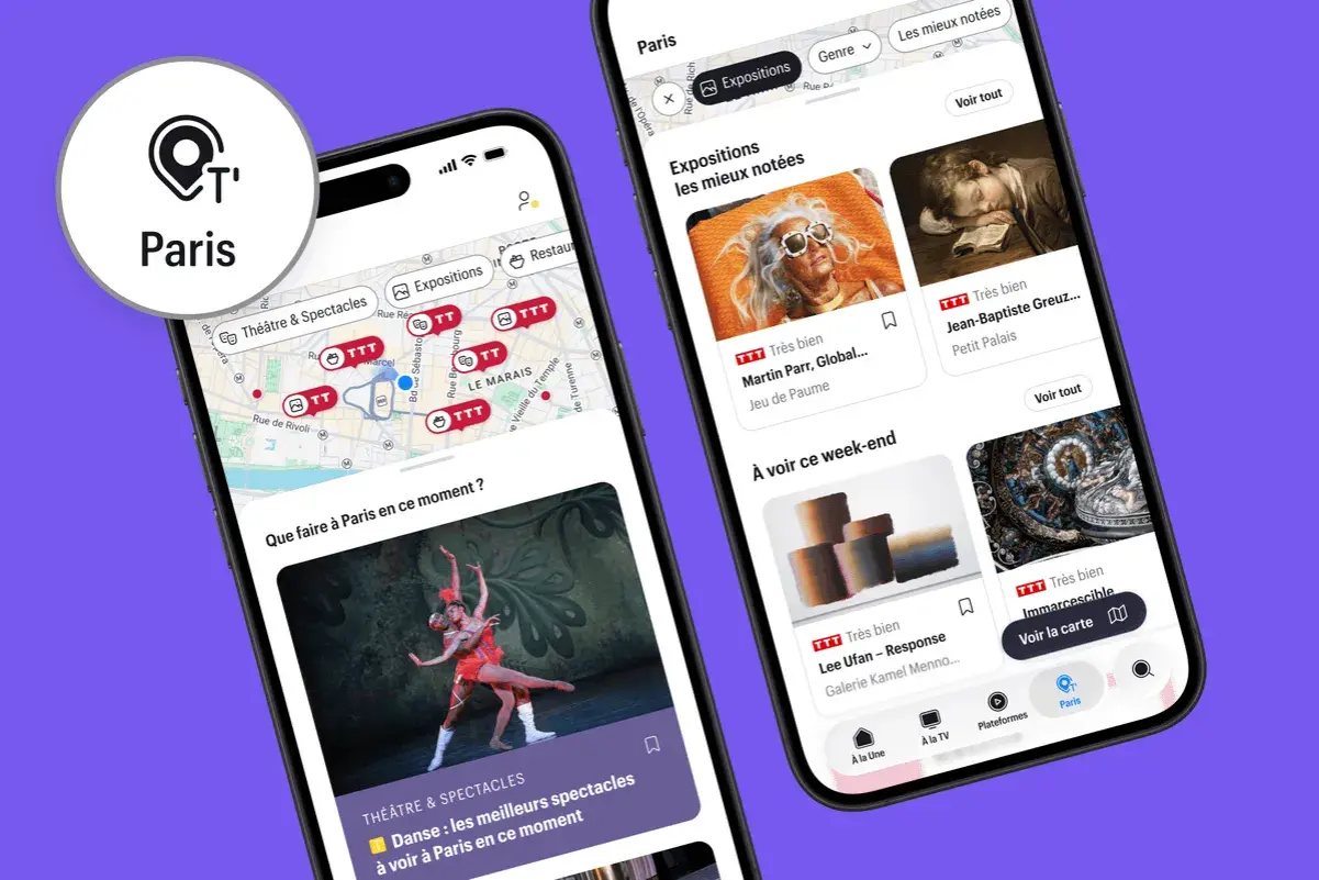 Deux téléphones affichant des suggestions d'activités à Paris ce soir. L'un montre une carte interactive, l'autre des expositions et spectacles.
