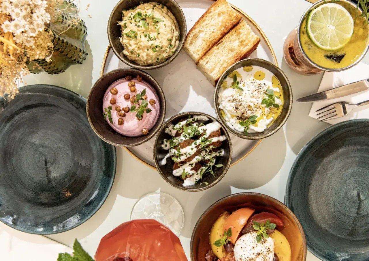 Un plateau de mezzés colorés, avec des dips crémeux, des toasts et une salade de tomates. Les belles plantes aromatiques ajoutent une touche de fraîcheur.