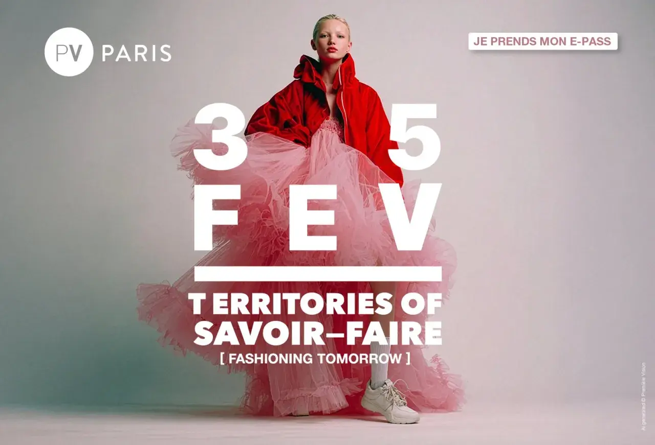 Mannequin en robe rose et veste rouge pour l'exposition PV Paris, 3-5 FEV. "Territories of Savoir-Faire".