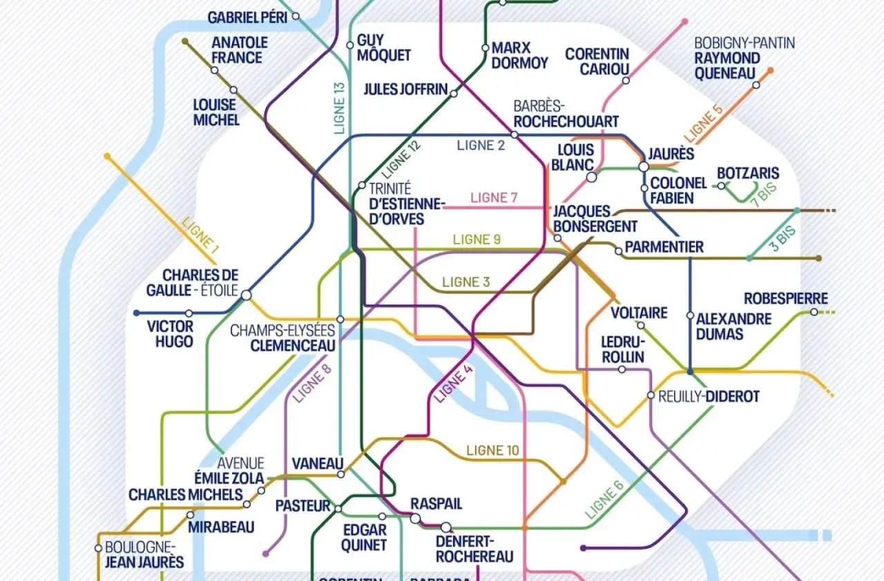 Plan du métro parisien avec les lignes 1, 3, 4, 5, 6, 7, 8, 9, 10, 12, 13, et 7 bis. Le Panthéon n'est pas directement indiqué, mais des stations comme Luxembourg ou Odéon (non visibles) sont proches.