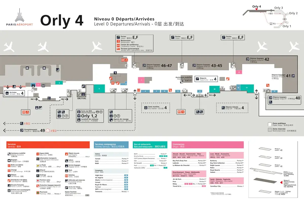 Plan du niveau 0 d'Orly 4, montrant les portes, les déposes bagages, les services et commerces pour faciliter votre transport à Orly Sud.
