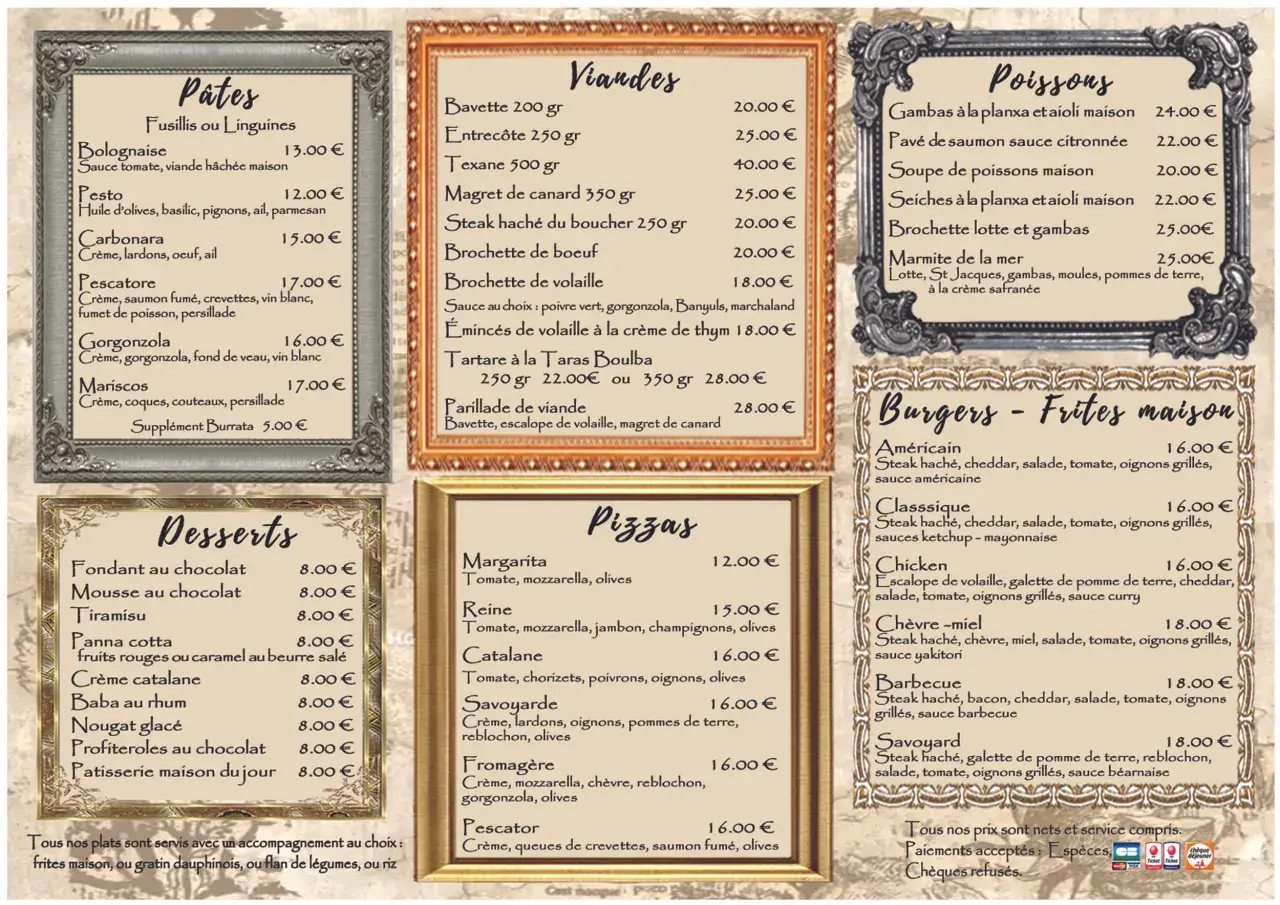 Le menu de chez ta mère propose des pâtes, viandes, poissons, burgers et desserts. Des plats savoureux pour tous les goûts.