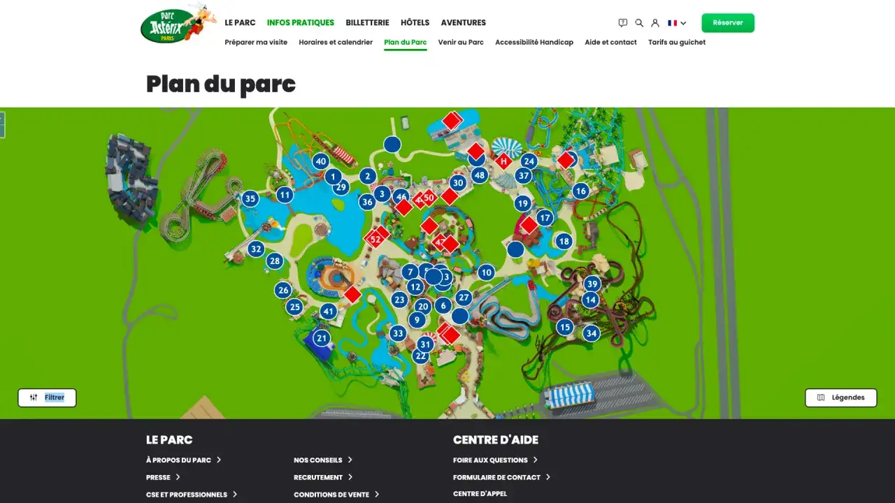 Plan interactif du parc Astérix, montrant les attractions numérotées et les zones.