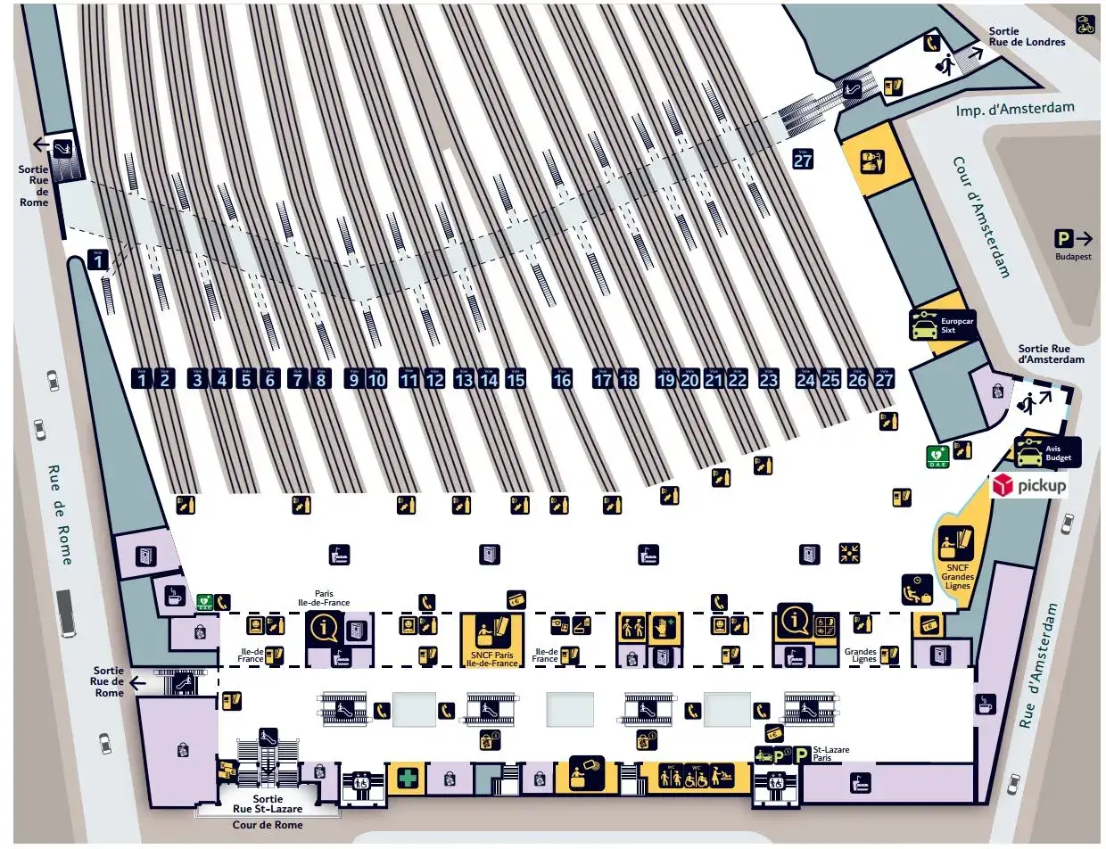 Plan de la gare Saint-Lazare, montrant les quais num&eacute;rot&eacute;s de 1 &agrave; 27, les sorties et les services.