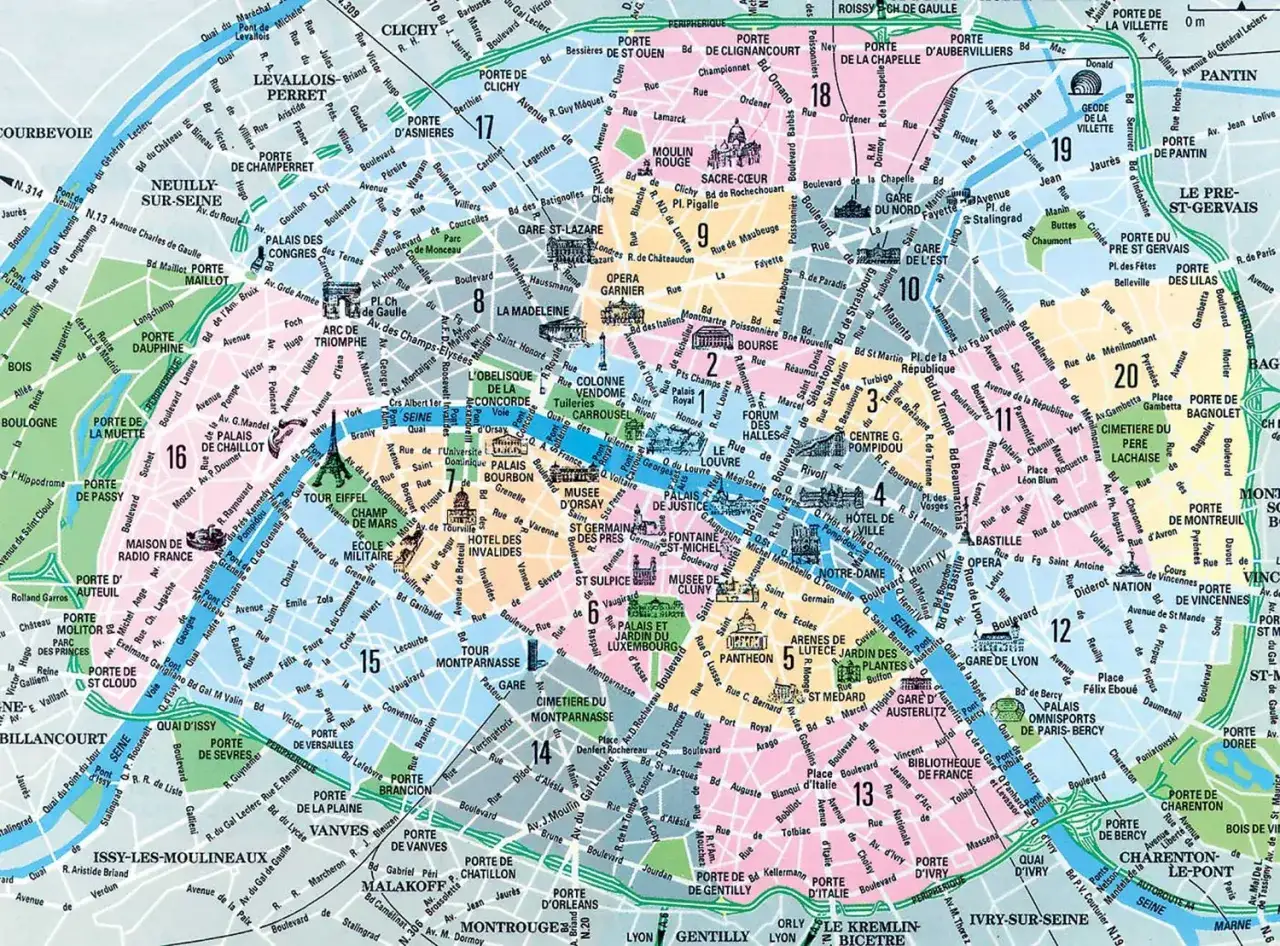 Carte de Paris avec les numéros des sites touristiques. Idéal pour un paris visite pass.