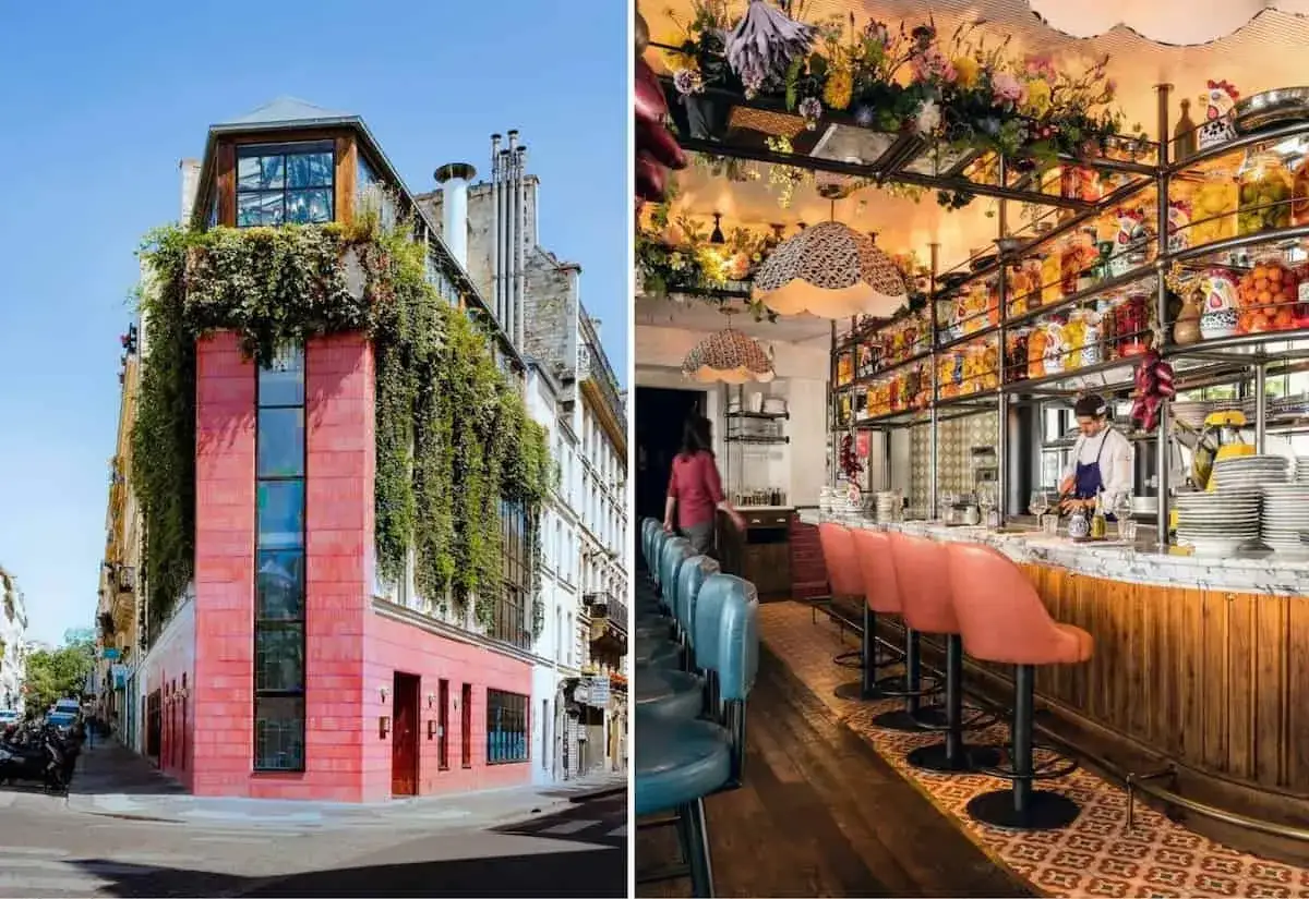 Façade rose d'un bâtiment parisien couvert de verdure, et intérieur d'un restaurant chic avec un bar aux tabourets roses, comme une