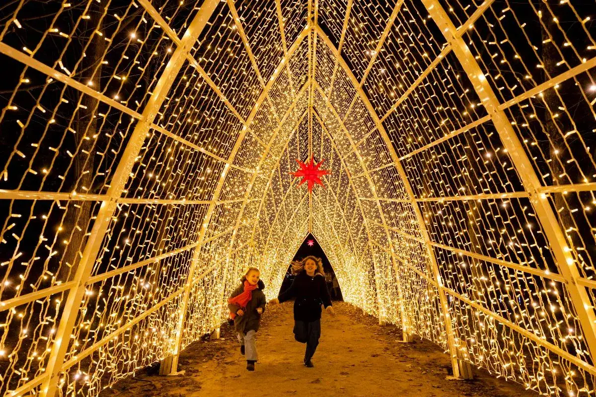 Deux enfants courent dans un tunnel de lumi&egrave;res scintillantes, une &eacute;toile rouge au loin. Une magnifique lumi&egrave;re en Seine pour les f&ecirc;tes.
