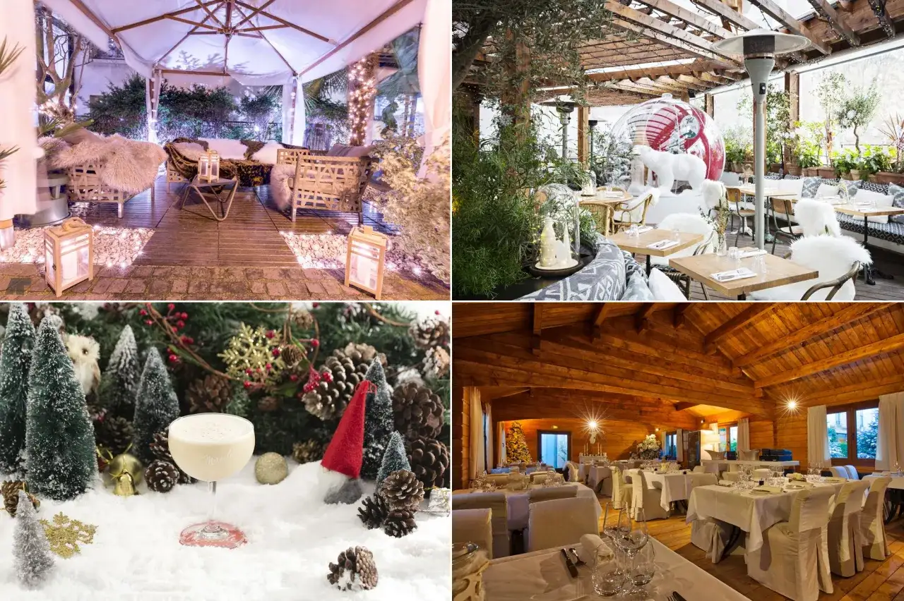 Ambiance festive dans ces restaurants, certains ouverts le 24 d&eacute;cembre, d&eacute;cor&eacute;s pour No&euml;l avec des lumi&egrave;res, des sapins et des coussins douillets.
