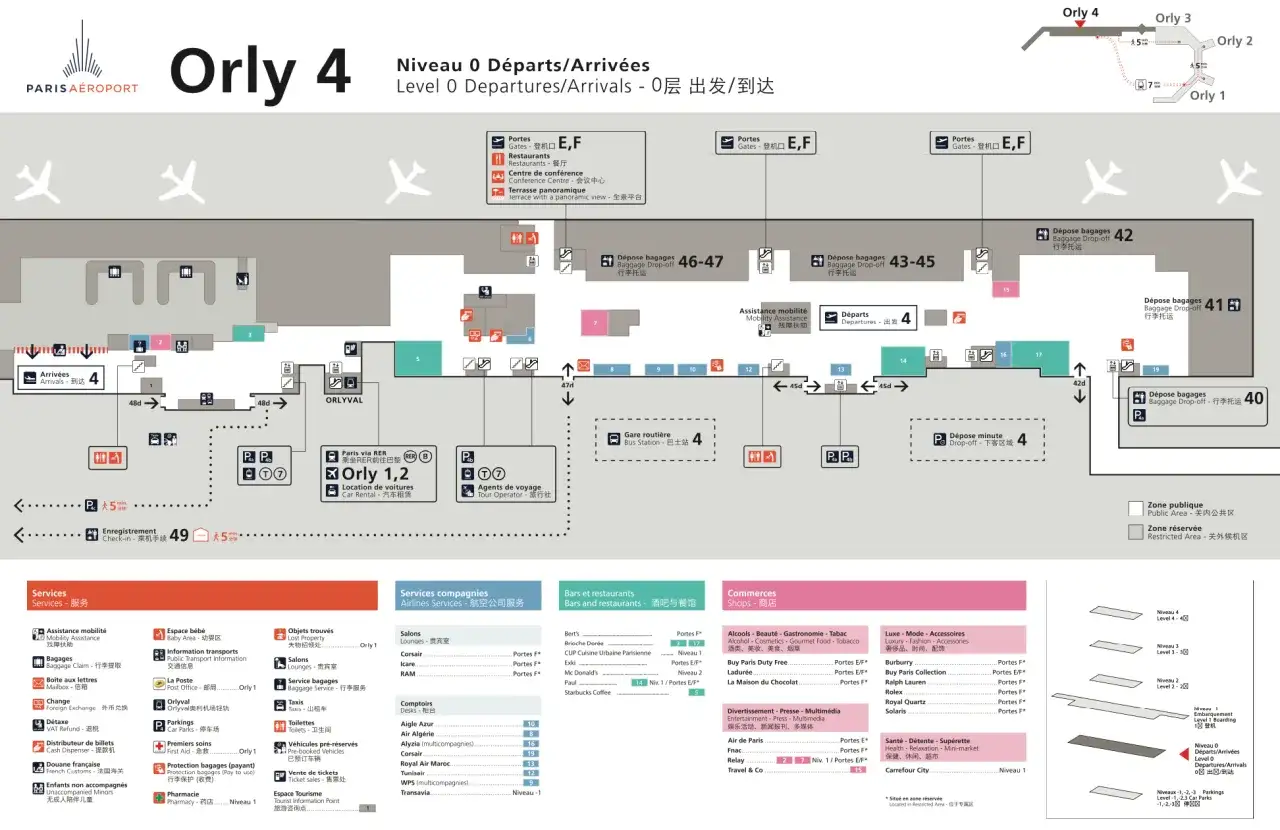 Plan du niveau 0 d'Orly 4, indiquant les départs, arrivées, services et commerces. Le transport Orly Sud est bien indiqué.