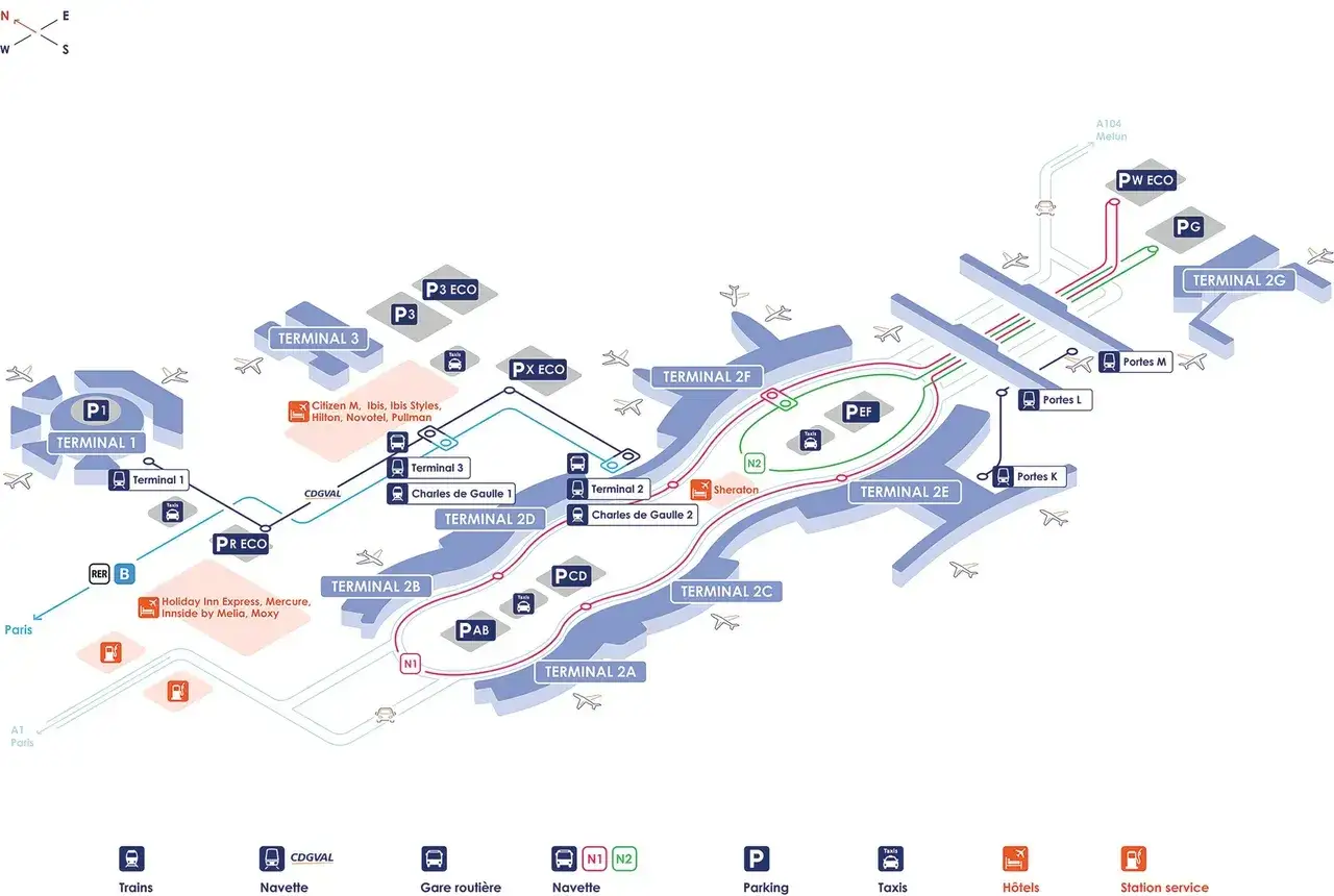 Plan du trajet aéroport Charles de Gaulle, montrant les terminaux, parkings, navettes CDGVAL, RER B, hôtels et stations de taxis.
