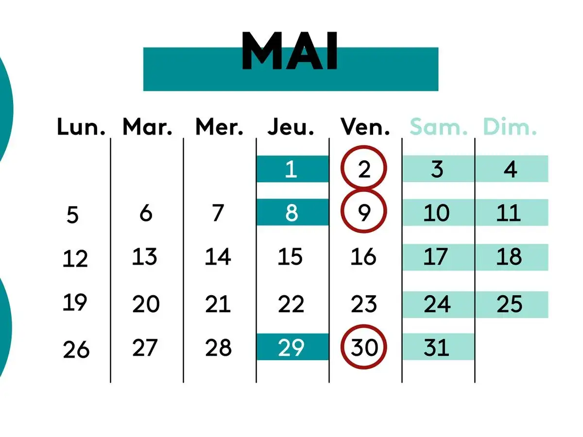 Calendrier de mai 2026. Les jours fériés sont marqués en rouge.