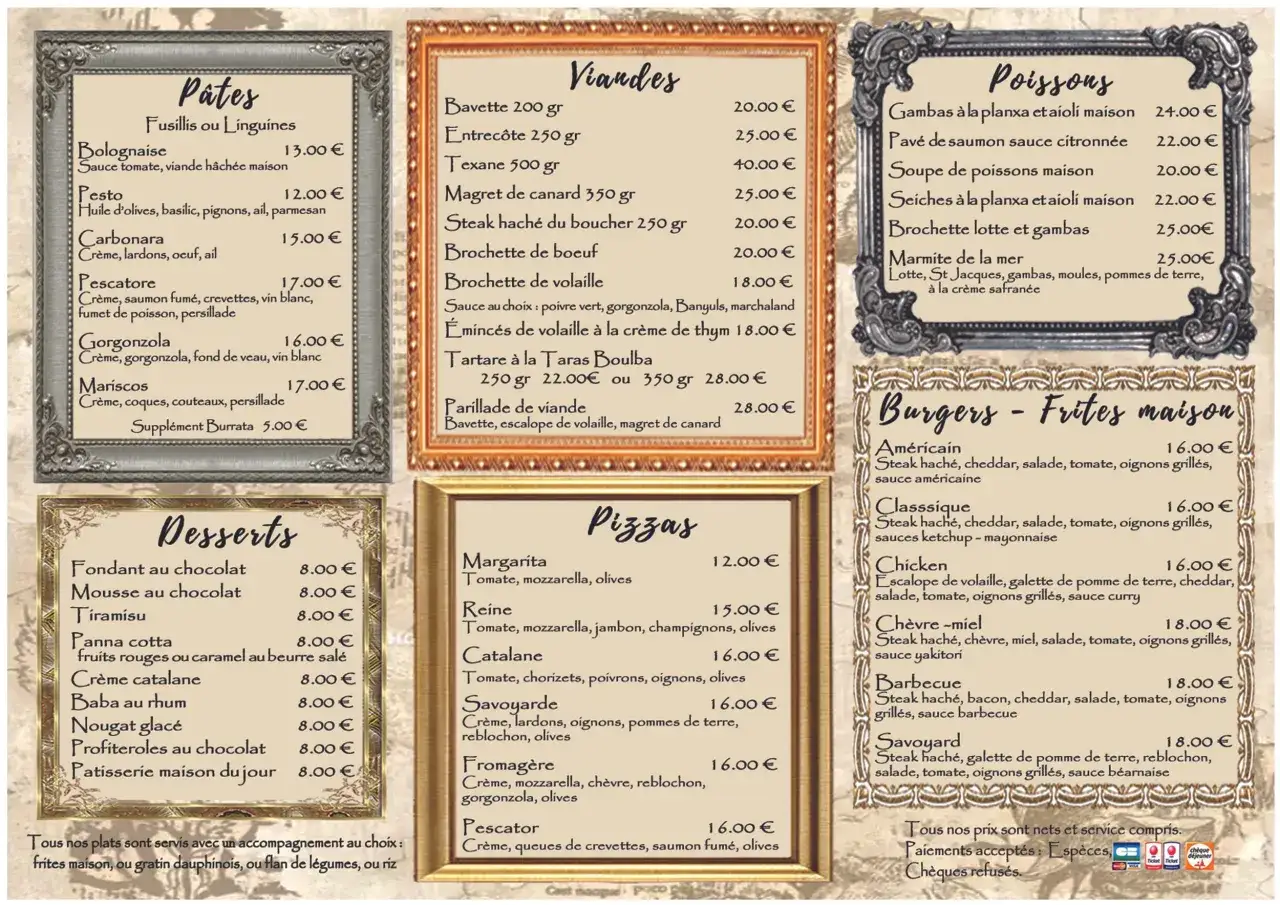 Le menu de chez ta m&egrave;re propose des p&acirc;tes, viandes, poissons, burgers et desserts. Des plats classiques et savoureux pour tous les go&ucirc;ts.