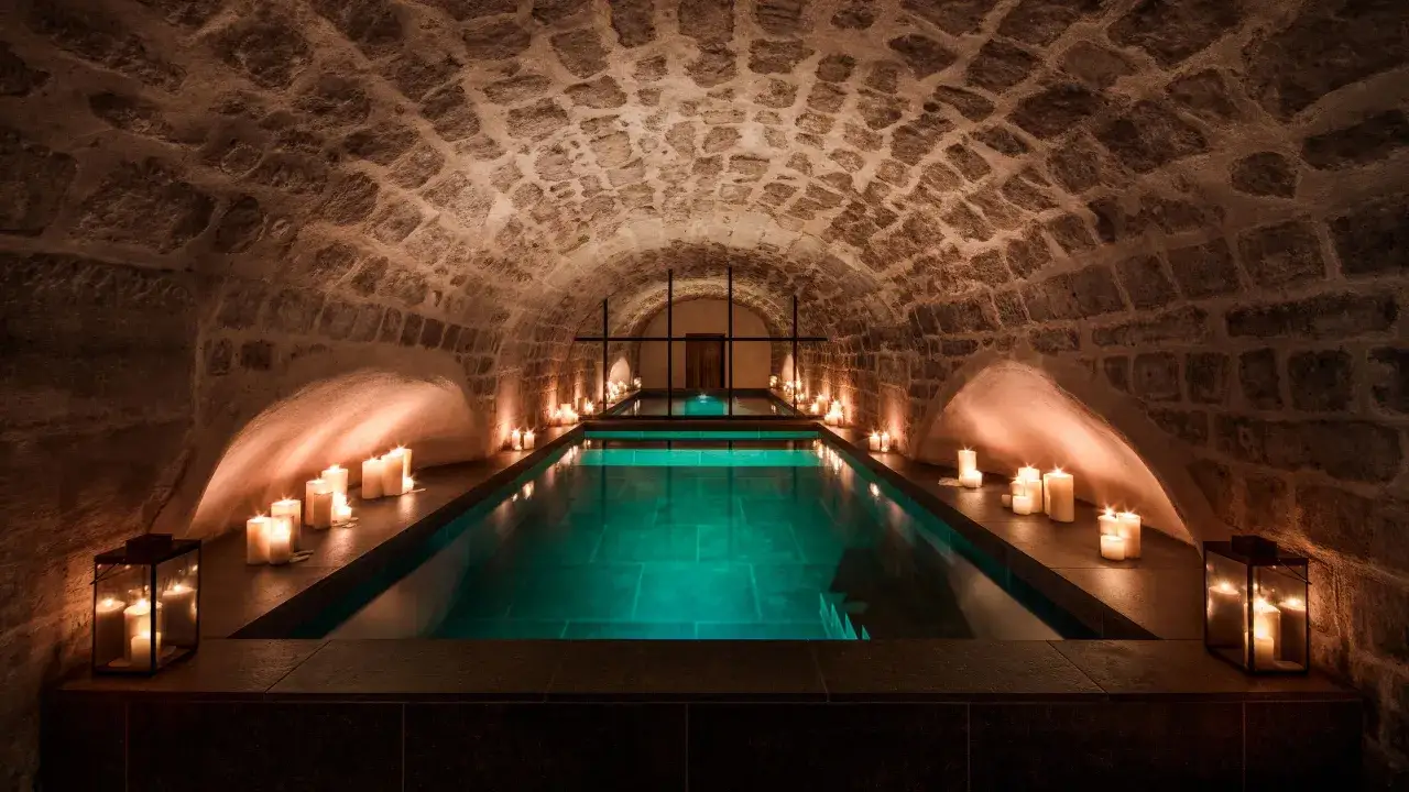 Piscine int&eacute;rieure &eacute;clair&eacute;e par des bougies dans une cave vo&ucirc;t&eacute;e en pierre, une activit&eacute; insolite &agrave; Paris pour une soir&eacute;e romantique.
