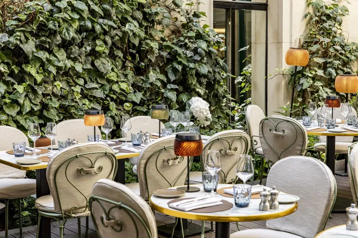 Tables dressées dans un jardin luxuriant, prêts pour un dîner sous le blossom. Lampes d'ambiance, verres et couverts attendent les convives.