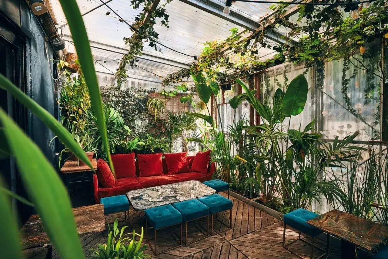 Un salon de jardin luxuriant, avec un canap&eacute; rouge vif et des poufs bleus, &eacute;voque le charme du renard bar.