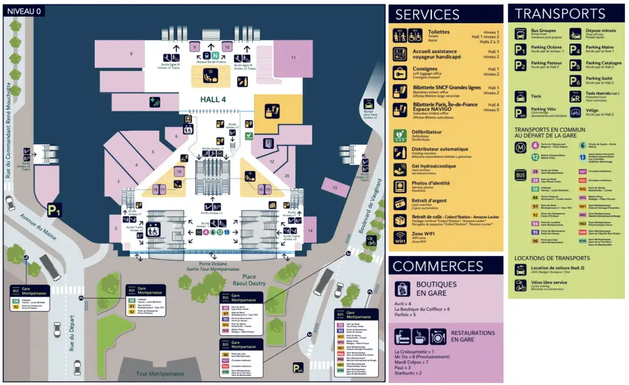 Plan de la gare de Montparnasse, niveau 0, avec indications des halls, services, transports et commerces.