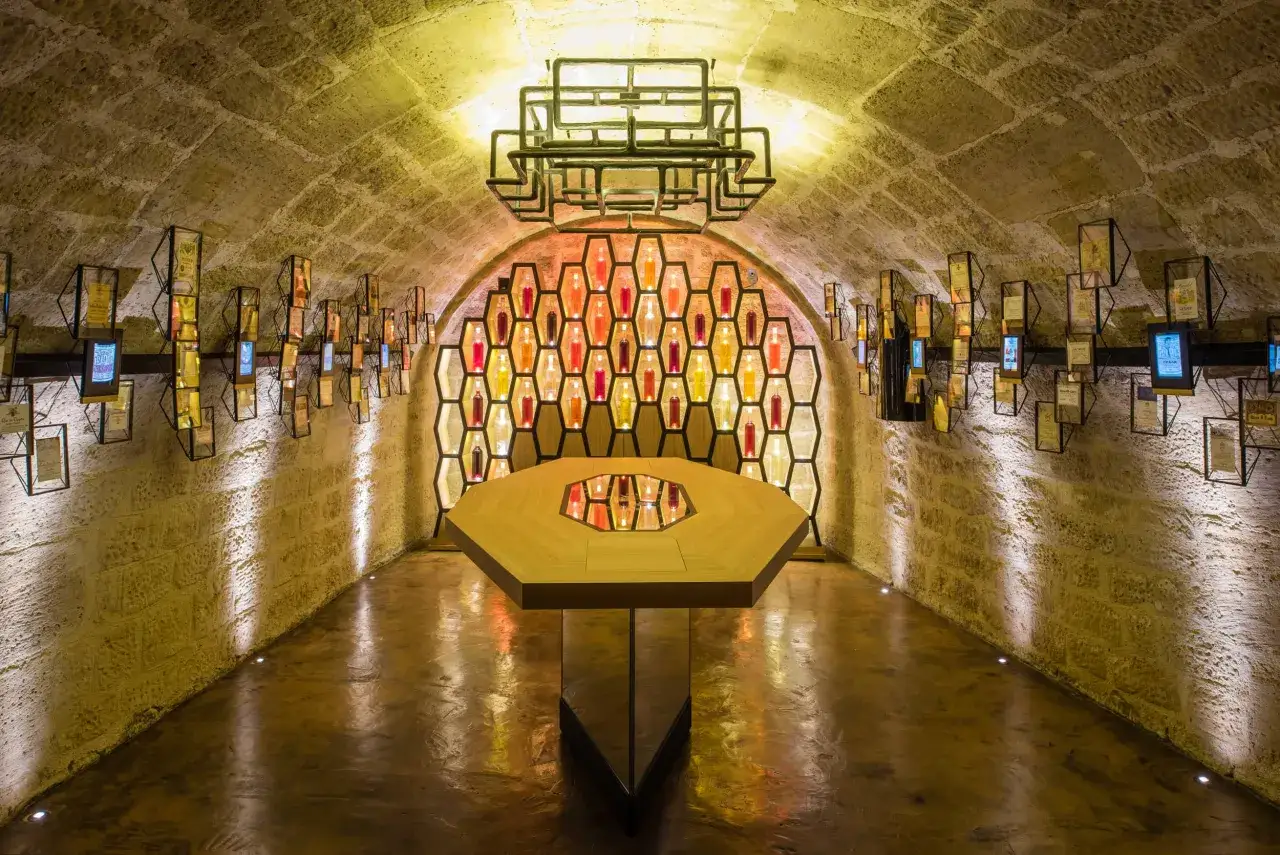 Ambiance unique aux Caves du Louvre : table octogonale, mur de bouteilles color&eacute;es et pr&eacute;sentoirs d'&eacute;tiquettes. Avis aux amateurs de vin !
