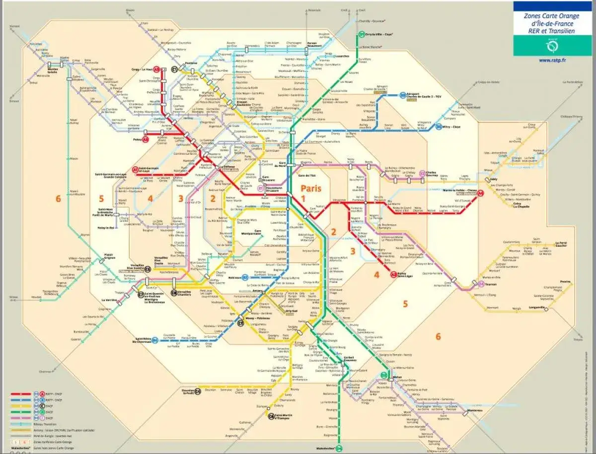 Carte des zones RER et Transilien de Paris et sa banlieue, couvrant les zones 1 &agrave; 3.
