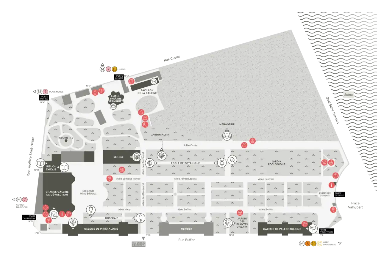 Plan du musée d'histoire naturelle de Paris, avec les lignes de métro 7, 5, 10 et C indiquant les accès Jussieu, Austerlitz, Monge et Censier-Daubenton.