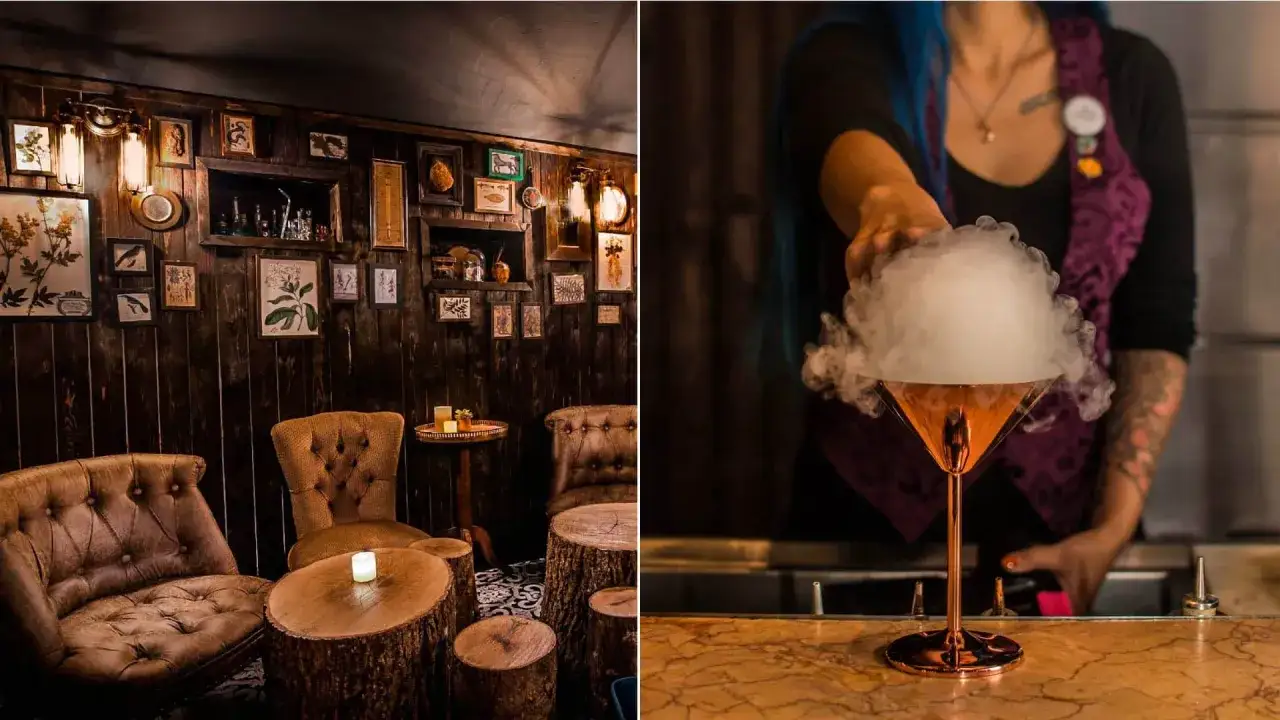 Ambiance feutr&eacute;e d'un bar cach&eacute; avec fauteuils en cuir et tables en tronc d'arbre. Un cocktail fumant est servi.