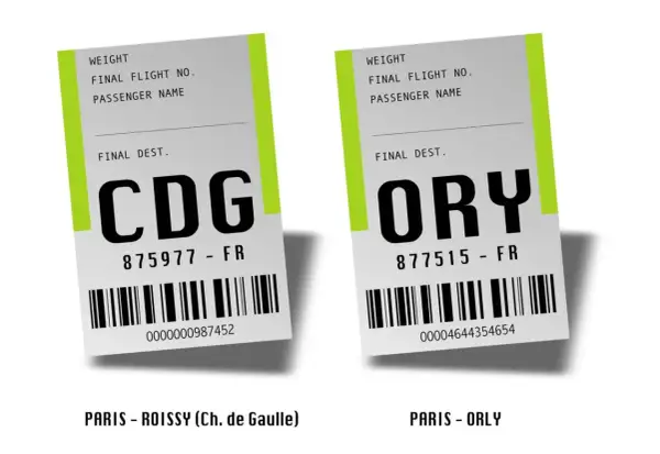 Deux étiquettes de bagage : une pour CDG (Paris-Roissy) et une pour ORY (Paris-Orly). Idéal pour la navette gratuite Montparnasse Orly.