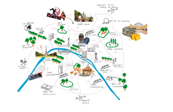 Carte des lieux de tournage d'Emily in Paris, avec des icônes pour la Tour Eiffel, le Sacré-Cœur, le Louvre et d'autres monuments parisiens.
