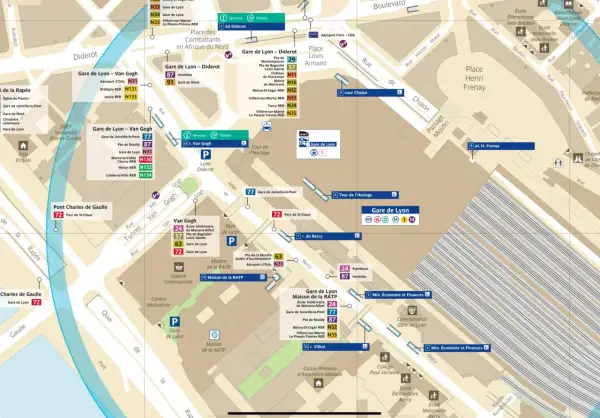 Plan du métro parisien montrant la gare de Lyon et ses environs, avec les lignes de RER et de métro.
