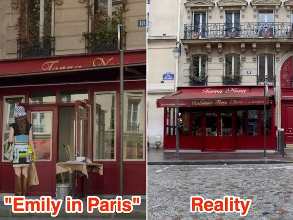 Comparaison de la façade du restaurant Terra Nera dans "Emily in Paris" et dans la réalité.