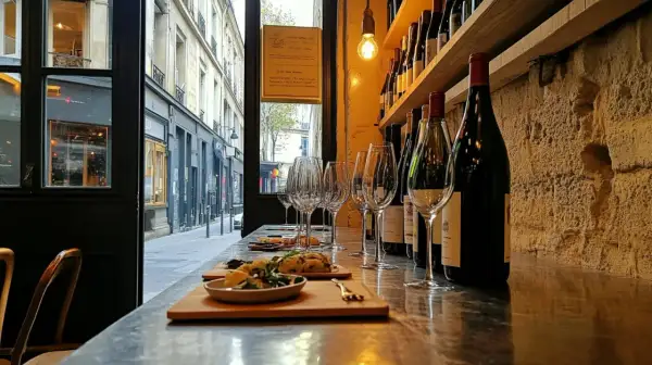 Verre à vin et petites assiettes sur le comptoir d'un bar à vin parisien, avec des bouteilles alignées sur une étagère en arrière-plan.
