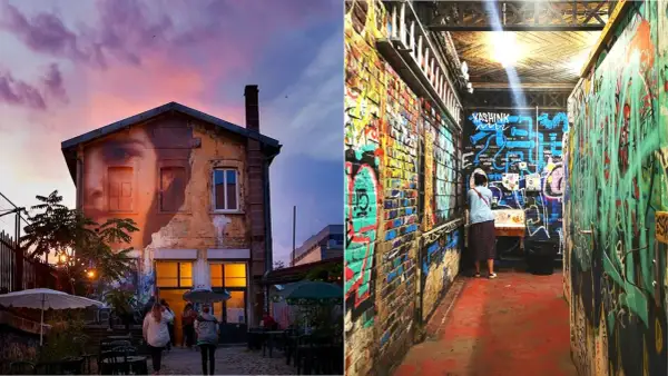La gare le gore : un visage géant sur un bâtiment décrépit, contrastant avec un couloir aux murs couverts de graffitis colorés.