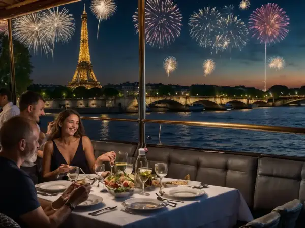 Dîner sur la Seine avec feu d'artifice pour le 31 décembre. Un restaurant ouvert pour célébrer le Nouvel An à Paris.