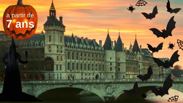Citrouille géante et sorcière sur fond de château parisien. Idées pour savoir quoi faire pour Halloween, à partir de 7 ans. Chauves-souris et araignées volent.