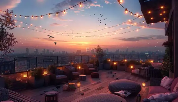 Ambiance féerique sur un toit-terrasse parisien, idéal pour profiter des meilleurs rooftop bars de Paris au coucher du soleil.