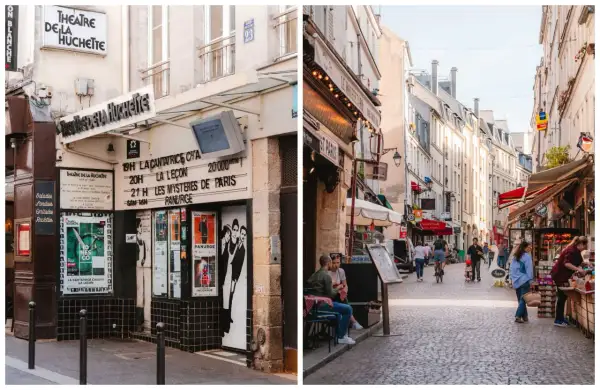 Théâtre de la Huchette et rue animée avec restaurants dans le quartier latin.