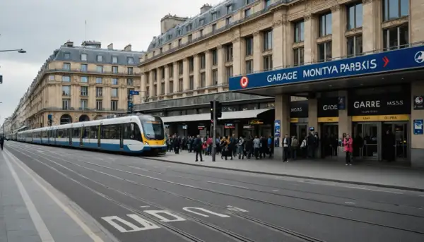 Un tramway blanc et bleu s'arrête devant la gare Montparnasse, une foule attend sur le quai.
