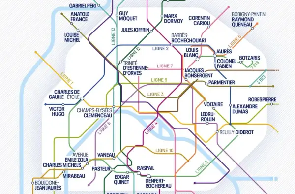 Plan du métro parisien avec les lignes 1, 3, 4, 5, 6, 7, 8, 9, 10, 12, 13, et 7 bis. Le Panthéon n'est pas directement indiqué, mais des stations comme Luxembourg ou Odéon (non visibles) sont proches.